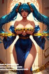 ai-created ai_generated backlighting bangs bare_shoulders blue_dress blue_eyes blue_hair breasts caution_tape censored cleavage clothing covered_navel detached_sleeves dress english_text female female_only hip_focus indoors jousneystudio large_breasts league_of_legends lips long_hair long_sleeves looking_at_viewer parted_lips side_slit solo sona_(league_of_legends) sona_buvelle standing strapless text thighs tied_hair twintails very_long_hair wide_hips wide_sleeves
