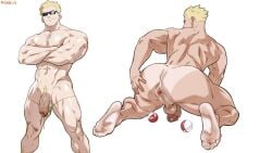 1boy ass back back_muscles back_view bara beefy big_ass big_breasts blonde_hair blue_eyes bubble_ass bubble_butt butt_crack completely_nude daddy dat_ass dizdoodz eye_contact eyewear_removed feet_out_of_frame from_behind grin half-closed_eyes highres huge_ass huge_butt huge_muscles huge_pecs huge_thighs human large_pectorals looking_at_viewer looking_back lt_surge male male_nipples male_only manly masculine mature_male moobs muscles muscular_male nintendo nude_male pecs pectorals pokemon pokemon_(game) pokemon_frlg pokemon_masters pokemon_rgby pose presenting presenting_ass presenting_butt short_hair sideboob sidepec simple_background smile smirk smooth_skinned_male solo spiked_hair spreading sunglasses tan tanline tanlines teeth thick_ass thick_thighs thighs