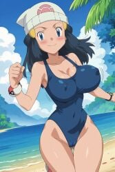 ai_generated androidparanoid beach blue_eyes blue_hair blue_swimsuit bouncing_breasts covered_nipples dawn_(pokemon) happy huge_breasts kneeling outdoors pokemon running stable_diffusion trembling