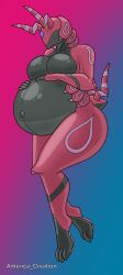 absurd_res anthro arceus_tummy belly big_belly big_breasts breasts crystal drone eyeless female generation_5_pokemon glistening glistening_body hand_on_belly hi_res latex latex_body latex_skin living_latex multicolored_body navel nintendo pawpads pokemon pokemon_(species) pregnant pregnant_anthro pregnant_female scolipede simple_background small_tail solo tail thick_thighs vida