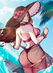 1girls alternate_costume ass ass_focus big_breasts bikini black_bikini black_swimsuit breasts brown_hair dorothea_arnault dorothea_arnault_(summer) female female_only fire_emblem fire_emblem:_three_houses fire_emblem_heroes green_eyes hat large_ass large_breasts looking_at_viewer nico_artooo nintendo nipple_bulge ocean official_alternate_costume outdoors panty_pull sarong see-through sideboob solo sun_hat swimsuit thong thong_bikini water