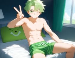 1boy ai_generated bed bedroom before_rape blossomtea boxers collarbone curtains dot_nose eyebrows eyebrows_visible_through_hair genderswap_(ftm) green_boxers green_eyebrows green_eyes green_hair light_green_eyes light_green_hair navel nipples one_eye_closed pillows rule_34-tan rule_34_(booru) rule_63 self_upload shirtless shirtless_male slight_bulge smile solo solo_male striped_boxers v-sign white_stripes window yodayo