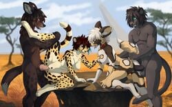 2015 acino_(artist) african_wild_dog anthro balls breasts canine cheetah feline female foursome group group_sex hioshiru hyena knot male mammal natasha nipples nude panther penetration penis pussy ran_dom saliva sex straight treyl vaginal_penetration zenva