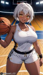 1girl ai_generated basketball basketball_uniform big_breasts black_body hips original_character stable_diffusion thick_thighs white_hair xceed yellow_eyes