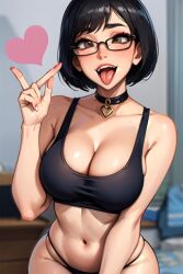 ai_generated ai_hands big_breasts big_thighs black_hair blush blush cleavage collar curvaceous curvy curvy_female glasses makeup slutty_outfit sticking_out_tongue thick_thighs tongue tongue_out voluptuous voluptuous_female