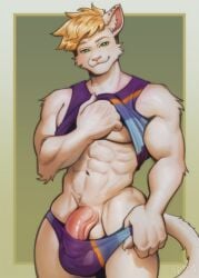anthro_only big_penis blonde_hair ear_piercing felid feline fur genitals hair heko_kempt hi_res himbo larger_male male male_only mammal muscular muscular_male nipple_piercing nipples penis piercing ratsxteeth size_difference tongue tongue_piercing white_body white_fur