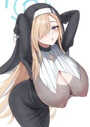 :o absurdres arms_behind_head asuna_(blue_archive) black_dress blue_archive blue_eyes blush breasts cleaning_&amp;_clearing_(blue_archive) cleavage cleavage_cutout clothing_cutout covered_erect_nipples cross dress female fluffyebi01 habit hair_over_one_eye halo highres huge_breasts light_brown_hair long_hair looking_at_viewer millennium_science_school_student nipples nun nun&#039;s_habit open_mouth see-through see-through_dress smile solo veil very_long_hair