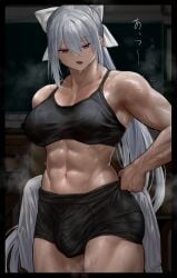 abs bulge bulge_through_clothing flaccid futa_only futanari gym_uniform higuchi_kaede ike_(artist) muscular muscular_futanari muscular_thighs ponytail purple_eyes sports_bra sweat sweating veiny_penis white_hair