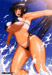 artist_request bikini black_hair blue_eyes blush bouncing_breasts breasts curvy female hair_ribbon highres homura_(senran_kagura) large_breasts long_hair looking_at_viewer navel open_mouth ponytail ribbon senran_kagura senran_kagura_(series) smile solo standing standing_in_water swimsuit tan tanline thick_thighs tied_hair underboob very_long_hair water wide_hips