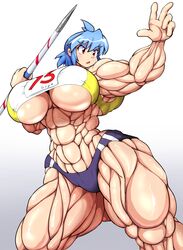 abs breasts extreme_muscles female female highres huge_breasts impossible_clothes mocoack muscle original simple_background solo