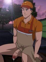 1boy apron beefy bottomless dumpster ef_drawings erection fast_food_uniform invincible invincible_(superhero) invincible_(tv_series) male_focus male_only mark_grayson masculine name_tag orange_cap orange_polo outdoors penis polo_shirt road sitting solo streetlight sunset sweatdrop trees