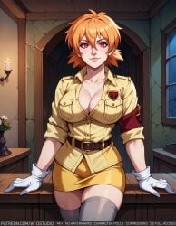 ai-created ai_generated armband bangs belt belt_buckle blonde_hair breast_pocket breasts buckle candle candlestand cleavage closed_mouth clothing collared_shirt female female flower gloves hair_between_eyes hellsing high_resolution indoors large_breasts legwear lips looking_at_viewer military military_uniform orange_hair patreon_username pocket red_eyes seras_victoria shirt short_hair sitting skirt smile solo text thighhighs thighs uniform username vampire watermark web_address white_gloves window wodstudio yellow_shirt