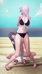 2girls 3d beach bikini bikini_bottom bikini_top bound_wrists danganronpa danganronpa:_trigger_happy_havoc danganronpa_1 female female_only fingering_partner hands_behind_back human kirigiri_kyouko koikatsu leon_(artist) maizono_sayaka multiple_girls seaside yuri