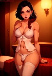 2024 ai_generated balls_in_panties bed bedroom black_hair brown_eyes bulge earrings futanari huge_thighs large_breasts looking_at_another looking_away melusina panties pantyhose ponytail red_hair red_lipstick self_upload shy standing uncensored