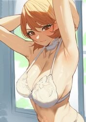 ai_generated armpit armpits arms_up atlus blush bra brown_hair flustered large_breasts looking_at_viewer persona persona_3 sega underwear white_bra yukari_takeba