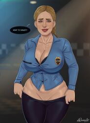 1girls about_to_burst about_to_pop big_ass big_breasts blumhouse_productions bra busty button_down_shirt buttoned_shirt buttons cleavage female female_only five_nights_at_freddy's five_nights_at_freddy's_(film) giant_breasts huge_breasts milf_body no_panties police police_uniform policewoman pulling_down_pants rocner solo undressing universal_studios vanessa_(fnaf) vanessa_shelly wide_hips wide_thighs