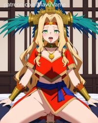 ahe_gao ahegao_face ai_generated blonde_hair cowgirl_position dick dick_in_pussy earrings fate/grand_order green_eyes lips_piercing mave_vame open_mouth quetzalcoatl_(fate) riding_dick riding_penis tongue_out vaginal_penetration vaginal_sex