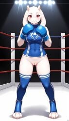 1girls 2025 ai_generated anthro blushing bottomless bottomless_female boxing boxing_gloves curvy_figure digitigrade female female_only hi_res horns indoors innie_pussy looking_at_viewer pink_eyes pussy smile toriel undertale white_fur