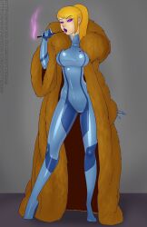 blonde_hair bodysuit breasts corruption female_only femsub fur_coat glowing glowing_eyes high_heels hypnotic_smoke hypnotic_smoking large_breasts latex lexikimble lipstick makeup metroid mole nintendo ponytail samus_aran skottichan smoke smoking solo standing zero_suit