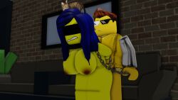 1boy 1girl1boy 1girls big_breasts blue_hair blueicongd bondage chains collar female femicon_(blueicongd) nude oc original_character rhaxcold_(blueicongd) roblox roblox_avatar robloxian slave slave_collar slavegirl thick_thighs yellow_skin yellow_skinned_female