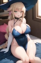 ai_generated artist_request bare_legs big_breasts blonde_hair braided_ponytail demia_duodectet erect_nipples green_eyes huge_breasts huge_thighs ishuzoku_reviewers light-skinned_female light_skin looking_at_viewer massive_breasts multicolored_hair nipples_visible_through_clothing smiling solo_female stable_diffusion thick_thighs thighs voluptuous voluptuous_female white_gloves witch_hat