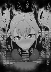 1boy 1girls :>= big_breasts big_penis black_and_white blush bodysuit censored detailed_background drooling fellatio heart human indoor inside kaiju_no.8 kikoru_shinomiya kurotama looking_at_viewer male male_pov oral oral_sex room saliva shiny shiny_skin short_hair sketch sound_effects squatting sweat text tied_hair tongue_out twintails vein veins veiny veiny_penis