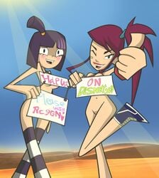 2girls black_eyes blush breasts cover_up dancing_fish_members derivative_work disney disney_xd female green_eyes grimphantom heart morgan_(randy_cunningham) multiple_girls nude ponytail purple_hair randy_cunningham:_9th_grade_ninja shy smile theresa_fowler tied_hair twintails