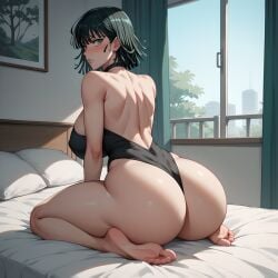 ai_generated apartment back_view barefoot bed bedroom black_dress blush choker dark_green_hair embarrassed eogard_orc fubuki_(one-punch_man) green_eyes huge_ass huge_breasts looking_back on_knees one-punch_man perfect_body self_upload shy stable_diffusion