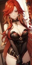 ai_generated ass big_ass big_breasts breasts female female_only genshin_impact happy long_hair mavuika_(genshin_impact) red_hair simple_background solo solo_female thick_thighs thighhighs thighs