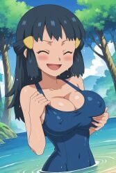 ai_generated aindroidparanoid beach blue_eyes blue_hair blue_swimsuit covered_nipples dawn_(pokemon) grabbing_own_breast happy huge_breasts outdoors pokemon stable_diffusion