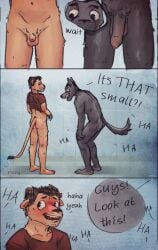 anthro ass balls blush bottomless bottomless_anthro bottomless_male canid canine canis clothed clothing communal_shower dialogue digital_media_(artwork) duo embarrassed english_text felid flaccid foreskin fur genitals hair hi_res humanoid_genitalia humanoid_penis humiliation lion male male_only mammal micropenis open_mouth pantherine penis penis_humiliation public public_shower rozgi shirt shower shower_room simple_background small_penis small_penis_humiliation speech_bubble tail teeth text tight_foreskin topwear wolf