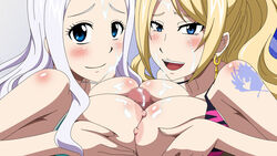 1boy 2girls areolae artist_request bikini_top blonde_hair blue_eyes blush breast_press breast_squeeze breasts censored cum cum_on_breasts cum_on_upper_body earrings facial fairy_tail female highres jenny_realight large_breasts long_hair looking_at_viewer male mirajane_strauss mosaic_censoring multiple_females nipples open_mouth paizuri penis ponytail simple_background smile straight tattoo tied_hair unseen_male_face white_hair