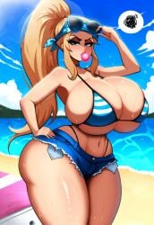 ai_generated annoyed bandana beach bikini bimbo blonde_hair blue_eyes huge_ass huge_breasts jean_shorts pantylines phone ponytail sunglasses thong_bikini wide_hips