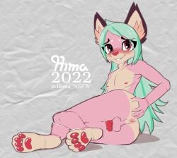 absurd_res anthro ass bite biting_lip blush canid canine fox fur genitals green_hair hair hand_on_butt hi_res hima_nsfw himalaya_(hima_nsfw) looking_back male mammal on_ground penis pink_body pink_fur presenting presenting_hindquarters smile solo tan_body tan_fur