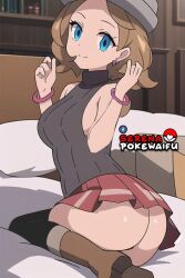 ass bed bedroom blue_eyes brown_hair game_freak miniskirt nintendo no_panties serena_(pokemon) sexy_pose stockings thighs turtleneck