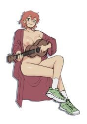 1girls breasts cloak guitar looking_at_viewer no_bra no_panties nude nude_female red_hair sframboob shoes shoes_only short_hair smile socks solo solo_female