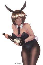 1girls bottle brown_hair bunnysuit collar detached_collar earrings female limbus_company looking_at_viewer outis_(limbus_company) project_moon scars signature standing tagme tie white_background wine yellow_eyes