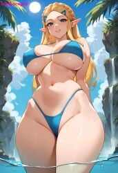 1girls ai_generated big_breasts bikini bikini_bottom bikini_top blonde_hair blue_bikini bombacopta breasts breath_of_the_wild busty curvaceous curvy elf_ears female female_only from_below green_eyes hourglass_figure huge_breasts large_breasts midriff navel princess_zelda simple_background solo solo_female standing the_legend_of_zelda thick thick_hips thick_thighs voluptuous voluptuous_female wide_hips zelda_(breath_of_the_wild)