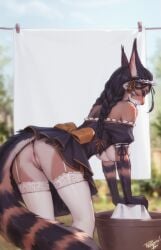 ami_(personal_ami) animal_ears animal_nose ass bent_over black_hair blurry blurry_background braid breasts day dress female furry furry_female garter_straps highres large_breasts laundry long_hair no_panties off-shoulder_dress off_shoulder original outdoors personal_ami personalami pussy solo thighhighs twin_braids uncensored white_thighhighs