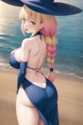 ai_generated artist_request back_view backboob bare_legs beach big_ass big_breasts big_butt blonde_hair braided_ponytail demia_duodectet green_eyes huge_breasts huge_thighs ishuzoku_reviewers light-skinned_female light_skin looking_back massive_breasts multicolored_hair smiling solo_female stable_diffusion thick_thighs thighs voluptuous voluptuous_female witch_hat
