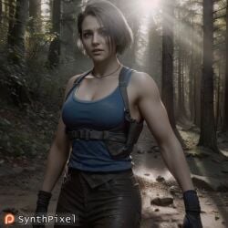 1girls ai_generated blue_tank_top breasts cleavage detailed gloves hi_res highres jill_valentine pants resident_evil resident_evil:_death_island short_hair solo synthpixel tank_top