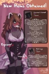 absurd_res accessory alain_the_raccoon_(softthaicat) alternative_fashion anthro armor balls blush bow_(feature) bow_accessory bow_ribbon brown_hair chastity_cage chastity_device clothed clothing corset corset_dress cursed_clothing cursed_object embarrassed english_text femboy fur gameplay_mechanics genitals hair hi_res item_description j-fashion legwear lingerie lolita_(fashion) lynnsnowmew magic male mammal open_mouth penis procyonid raccoon revealing_penis ribbons shy simple_background skimpy solo submissive tail text text_box topwear unconvincing_armor