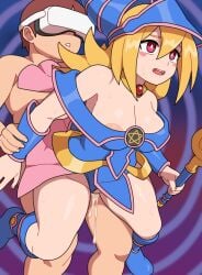 1boy 1girls ambiguous_penetration areolae arm_grab big_breasts blonde_hair blush breasts clothed_female_nude_male clothing_aside cum cum_inside dark_magician_girl kabeume long_hair nude nude_male open_mouth pentagram red_eyes sex sex_from_behind staff vr_headset yu-gi-oh!