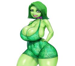 2girls ass belly big_ass big_breasts big_eyes big_hips big_thighs breast_squeeze breasts disgust_(inside_out) disgusted_expression disgusted_look disney dogiflan dress green_body green_eyes green_hair green_skin hips hyper_thighs inside_out inside_out_2 massive_thighs shiny shiny_breasts shiny_skin short_hair thunder_thighs