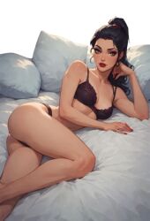 ai_generated bed black_hair female game_cg laying_down laying_on_bed looking_at_viewer pillow starflint_descent threadweaver