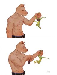 anthro balls bear bottomwear bullying clothed clothing digital_media_(artwork) duo erection extreme_size_difference feet fingers fur gecko genitals hi_res holding_another holding_leg lizard looking_at_another male male/male mammal nipples nude open_mouth pants penis reptile rozgi scalie shorts shorts_only simple_background size_difference smile tail topless topless_anthro topless_male undressing undressing_another upside-down