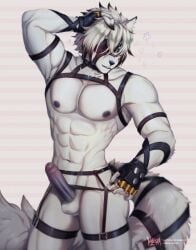 2024 abs anthro balls belt canid canine canis clothing erection fingerless_gloves fur genitals gloves hair handwear hi_res humanoid_genitalia humanoid_penis male male_only mammal mihoyo muscular muscular_anthro muscular_male penis red_eyes solo tail valeskart von_lycaon white_body white_fur wolf zenless_zone_zero