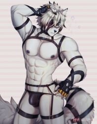 2024 abs anthro bulge canid canine canis clothing detailed_bulge fingerless_gloves fur gloves hair handwear hi_res male male_only mammal mihoyo muscular muscular_anthro muscular_male red_eyes solo tail underwear valeskart von_lycaon white_body white_fur wolf zenless_zone_zero