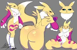 anthro areola armwear ass bandai_namco big_breasts big_butt blue_eyes blush breasts bridal_gauntlets clothing digimon digimon_(species) female genitals hi_res matszu nipples pussy renamon solo spread_legs spreading tail yin_yang