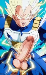 1boy blonde_hair dragon_ball ef_drawings erection male_focus male_only muscle outdoors penis solo super_saiyan torn_clothes vegeta